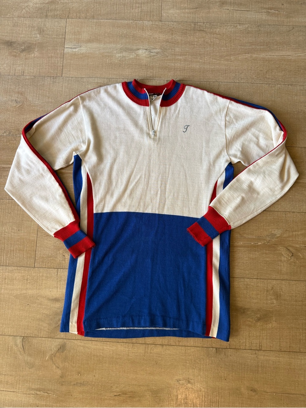 Vintage Tommaso Italy Wool Cycling Jersey Long Sleeve Red cream Blue Sz 4